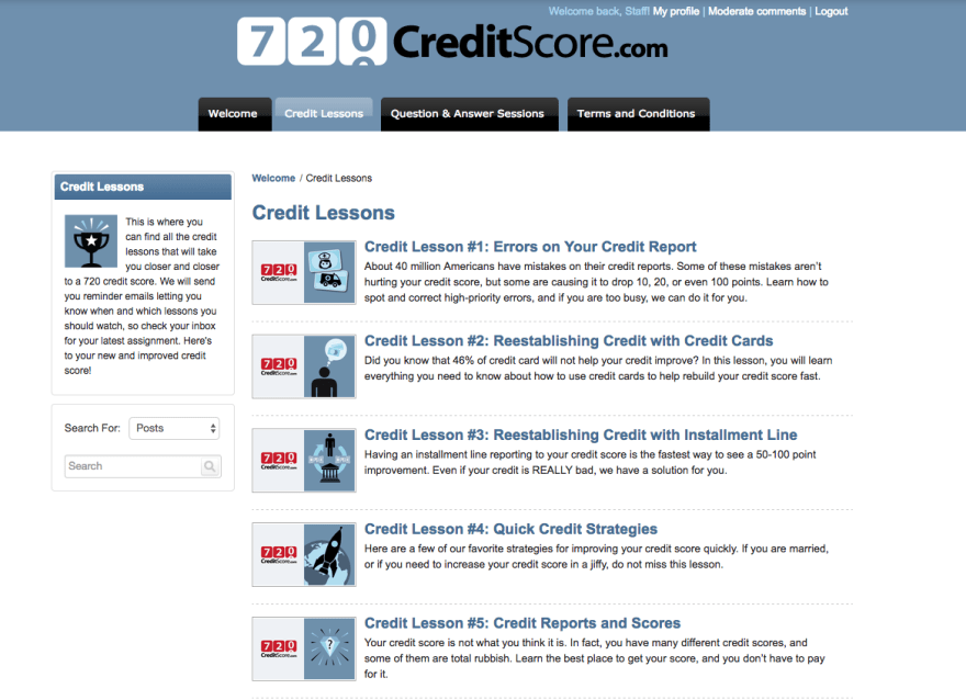 Image: 720CreditScore.com Screenshot - ARM Lawyers offers credit lessons for free to their bankruptcy clients to help rebuild their credit score to a 720. Credit Lesson #1 Errors on Your Credit Report. Credit Lesson #2 Reestablishing Credit with Credit Cards. Credit Lesson #3 Reestablishing Credit with Installment Line. Credit Lesson #4 Quick Credit Strategies. Credit Less #5 Credit Reports and Scores.