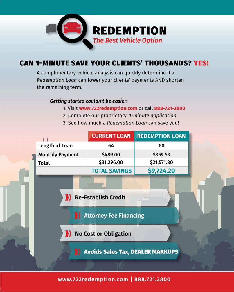 Image: Flyer for 722redemption.com showing an example of how a vehicle redemption loan can save you money in a Chapter 7 bankruptcy.