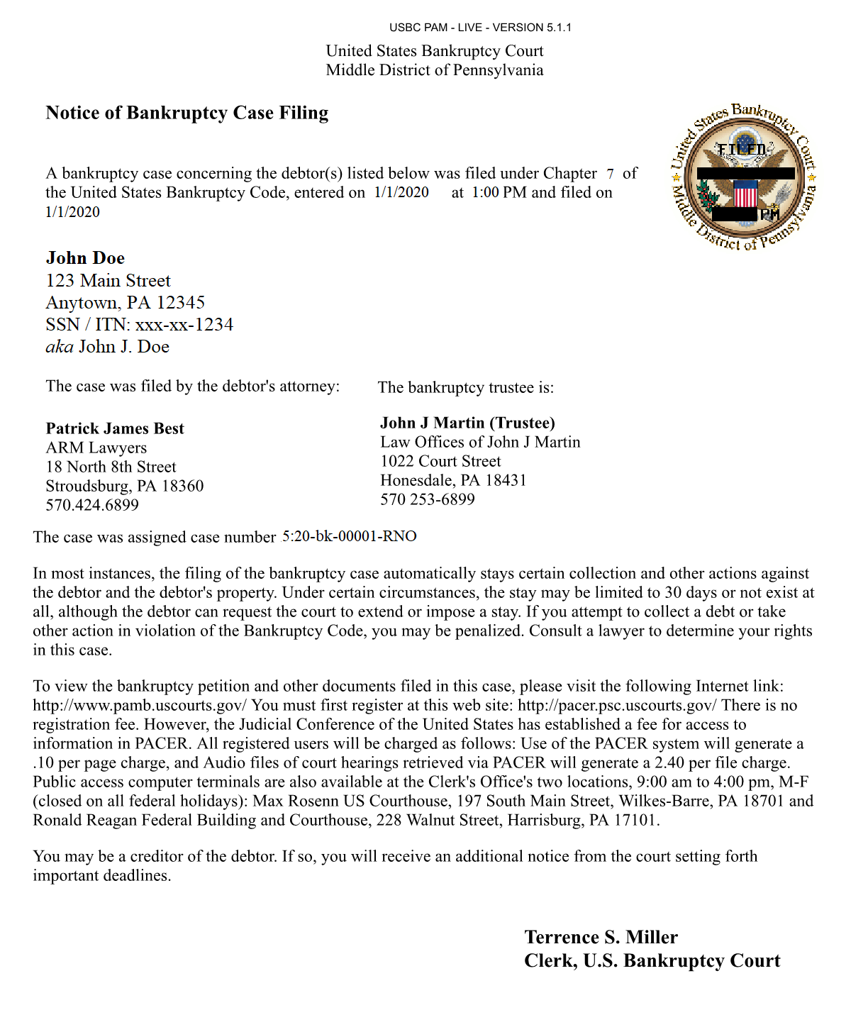 Image: Sample Notice of Bankruptcy Case Filing for a Chapter 7 case.