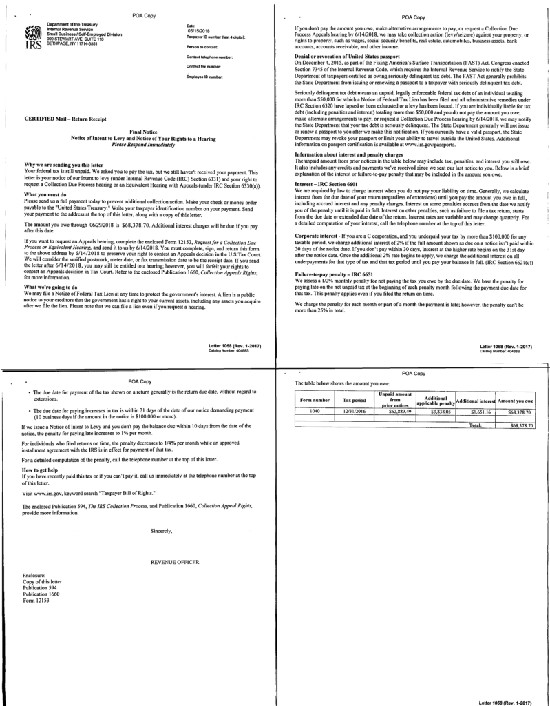 Image: IRS Levy, Final Notice of Intent to Levy, Sample IRS Letter 1058